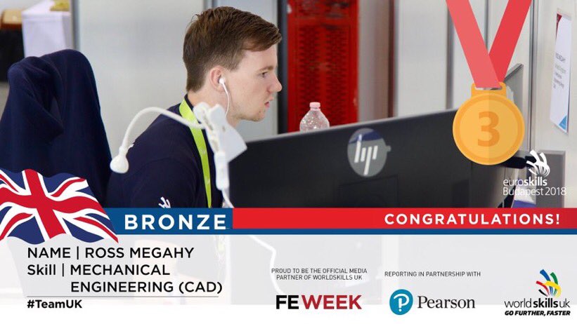 What a weekend for our very own Ross Megahy! Bronze in Mechanical Engineering - CAD for #TeamUK at #EuroSkillsBudapest2018. We will be catching up with Ross when he returns home to find out all about his <a href="/worldskillsuk/">WorldSkills UK</a> experience! 🏅🤗 #skillsetforlife