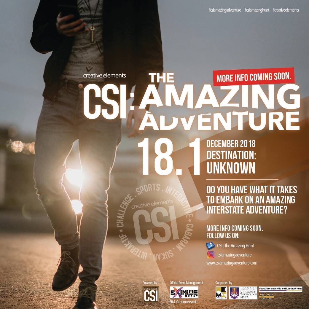 EximiusEvent's tweet image. THE NEW CSI: THE AMAZING ADVENTURE 18.1
December 2018
Dare to take the challenge?
Stay tune for more info very soon. 
Follow us on Instagram: csiamazingadventure
csiamazingadventure.com

#csiamazingadventure #eximiusevent