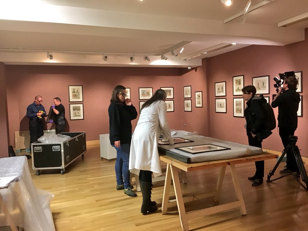 Kim_Mawhinney's tweet photo. Busy day ahead deinstalling #WickedWit from the @CBL_Dublin We will really miss these wonderful satirical prints at the @UlsterMuseum  Coming next #MakingHerMark opens 12 October! https://t.co/8nfynJMBYg