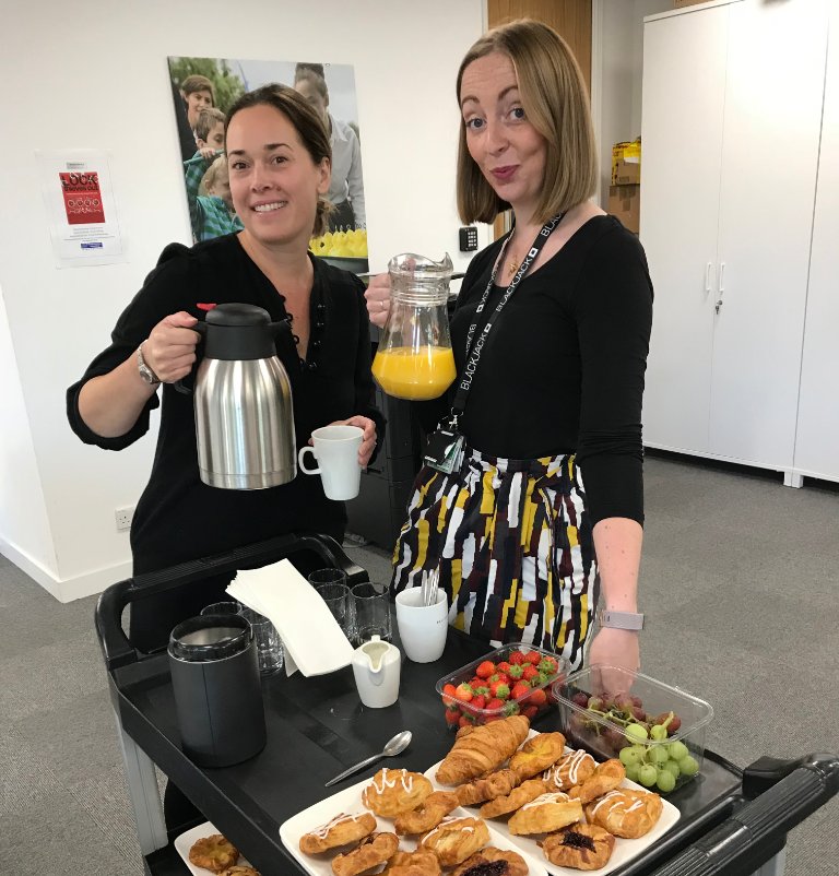ABM_Experience's tweet photo. Who says only those in Cannes at #TFWA can have all the fun? For those left holding the fort in the BJP office in London, we're having a little treat every day this week -- starting with a #breakfast trolley service this morning 🥐🍓☕🍇 #TeamBlackjack #TeamPerks #workplace #HR https://t.co/lbK3rtAX8a