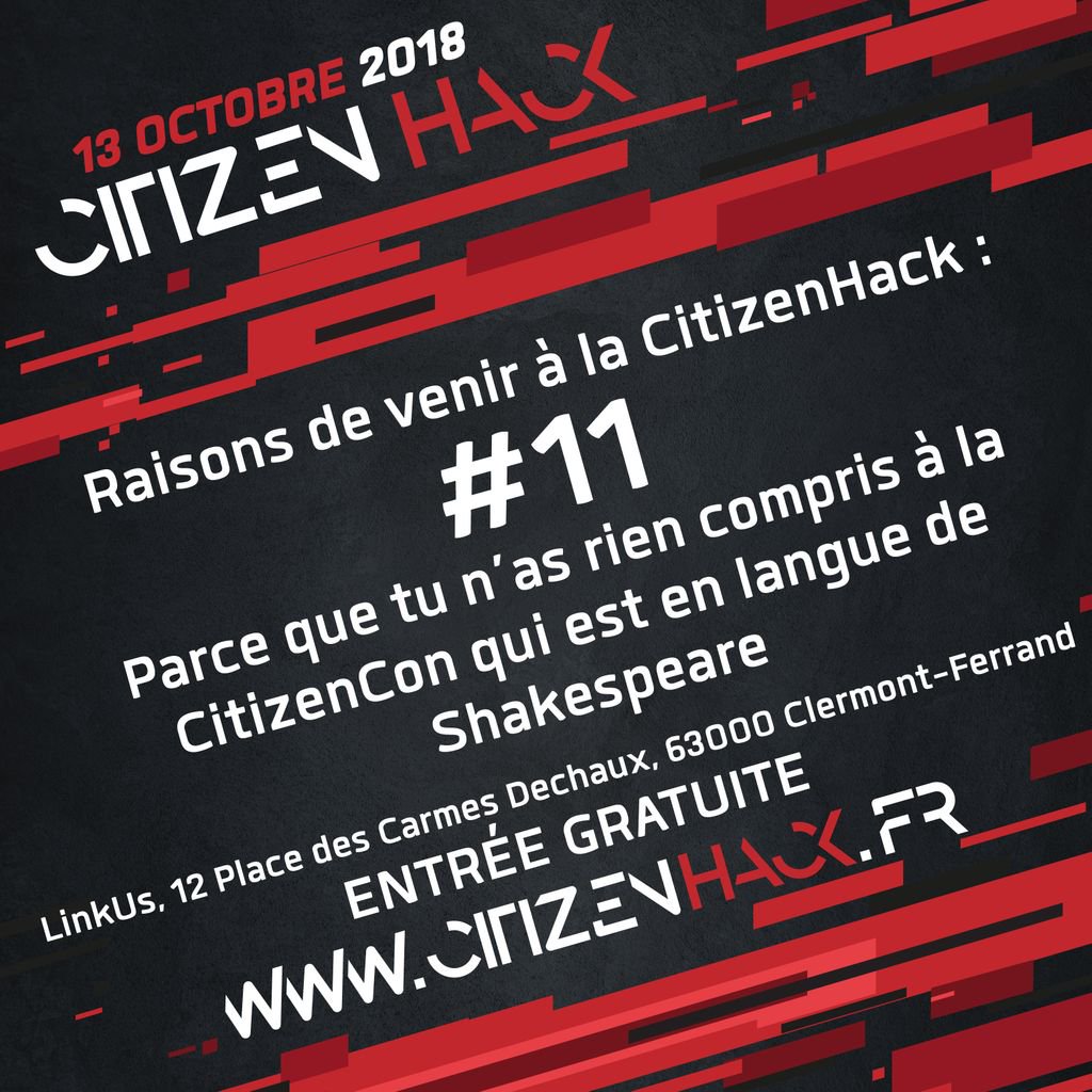 CitizenTVFR's tweet photo. Voici la raison #11 de venir à #CitizenHack, 
Dans 10 jours la #CitizenCon et plus que 12 jours avant l'événement
@BauerPartEnLive @RobertsSpaceInd @linkusbar 
@TradTeam @StarCitizenFR @DiscordSCF @StarPiratesNews https://t.co/swo5AShiun
