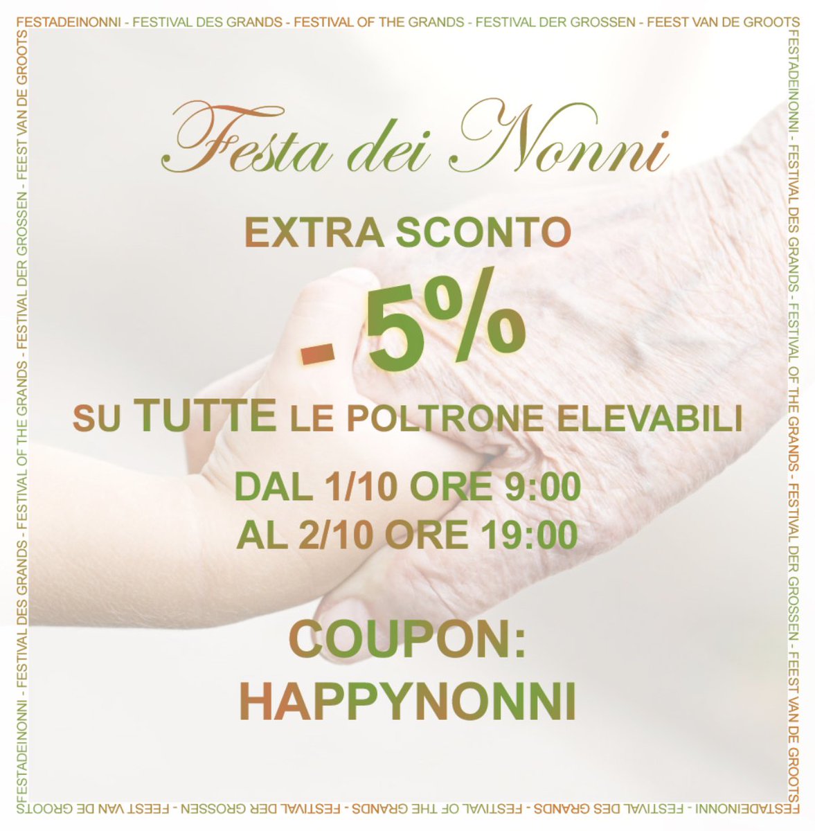 PiuRelax's tweet photo. 🤩 FESTA DEI NONNI 🤩
Solo fino a domani EXTRA SCONTO -5% su tutte le poltrone elevabili!!! Visita il nostro sito o chiama il numero verde 800 168 508 per tutte le informazioni sulle poltrone in offerta! #relax #piurelax #benessere #salute #anziani #extrasconto #offerta #poltrone https://t.co/nqIXHAZF88