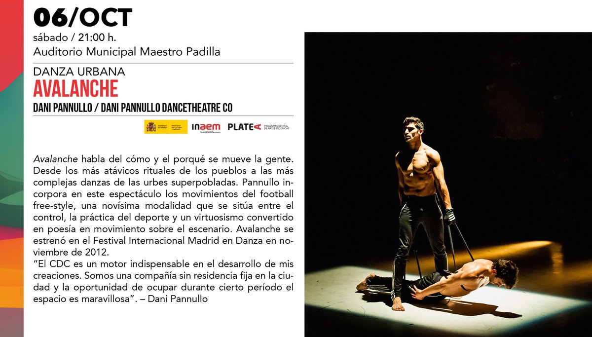 Culturalmeria's tweet photo. 🕺¡Nuevo SORTEO! Sorteamos una invitación doble para ‘Avalanche’, uno de los espectáculos de danza moderna del momento, el sábado, 6 de octubre, en el Maestro Padilla. Síguenos y RT hasta el jueves a las 12h! Entradas: https://t.co/2B4KFwjU5i https://t.co/LyZxtY8hiC