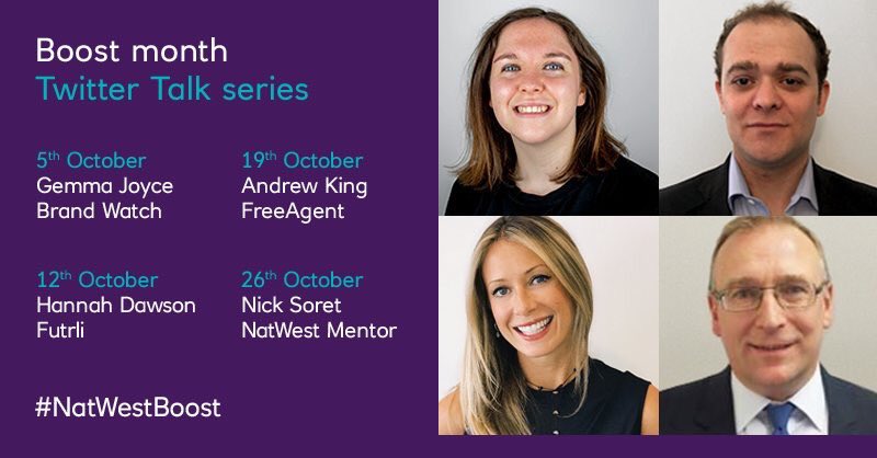 Join the conversation during #NatWestBoost month every Friday from 12:30 - 1:30pm for Twitter talks on #Marketing, #Cashflow, #Accounting and #HR. 

Get involved by tweeting <a href="/NatWestBusiness/">NatWest Business</a> with your questions during or in advance of the session using the hashtags