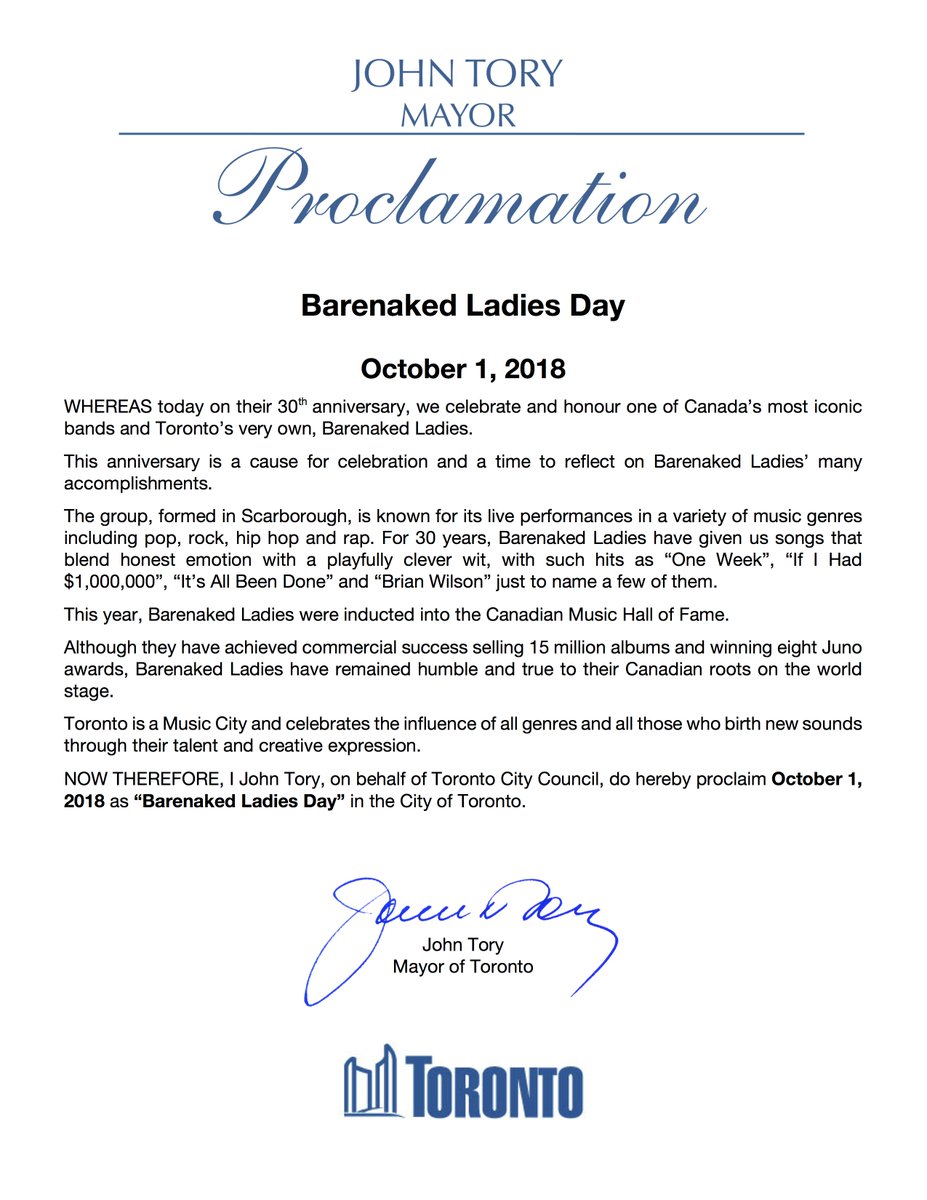 TorontosMayor's tweet image. Today is the 30th anniversary of Toronto’s own @barenakedladies! Let’s celebrate the music and cultural impact of one of Canada’s most iconic bands! I&apos;ve proclaimed today Barenaked Ladies Day in Toronto!