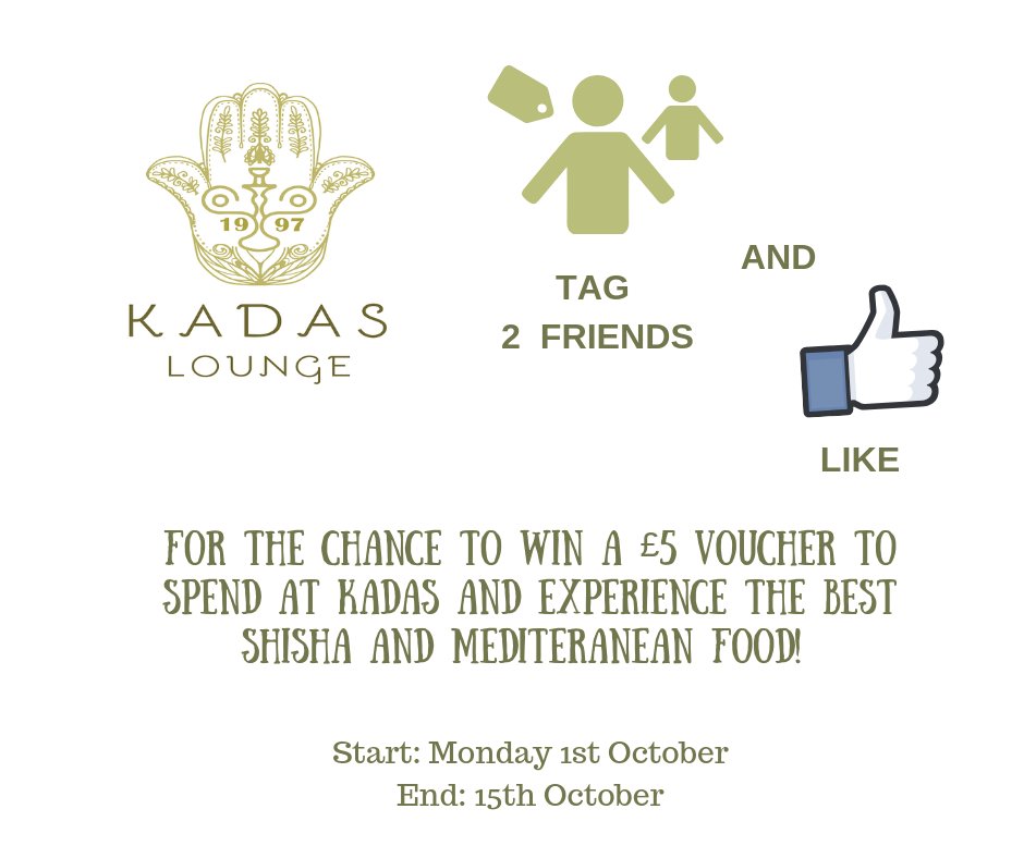 kadas_lounge's tweet photo. LIKE &amp; TAG 2 FRIENDS TO this post for the chance to win £5 voucher to spend at KADAS!!! 3 winners announced on 15th OCTOBER!!!
#kadaslounge #leedscitycentre #morrocanfood #persiancafe #kadasleeds #turkey #turkishfood #mediterraneanfood #shihsa #leeds #wanderlust #hummus #dolmades https://t.co/jyw1GctEr9
