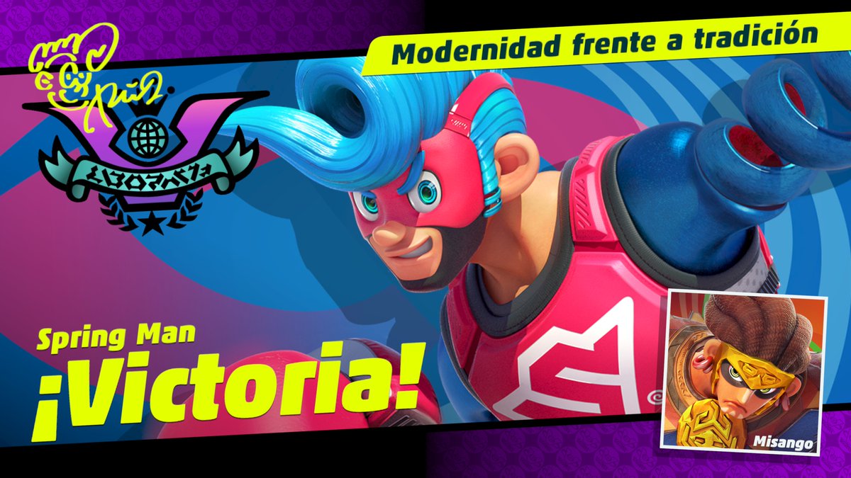 NintendoES's tweet photo. ¡Spring Man se ha llevado la victoria con sus botes en la festilucha de #ARMS de este fin de semana! Toca celebrarlo con un buen trozo de pizza. 🍕🥊 

¡Gracias a todos los que habéis participado! https://t.co/YmOOfFp5ff
