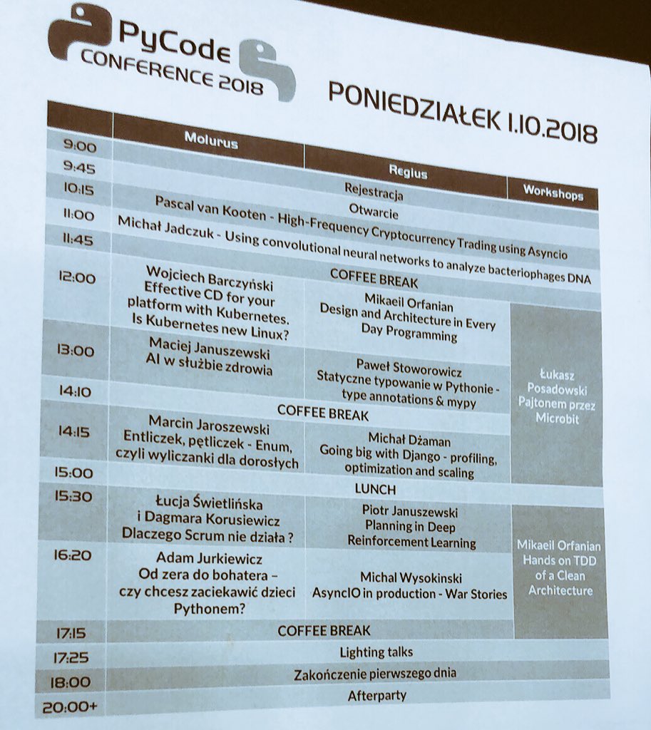NataliaStanko's tweet image. This is the agenda for today’s conference #pycode @pycode_conf