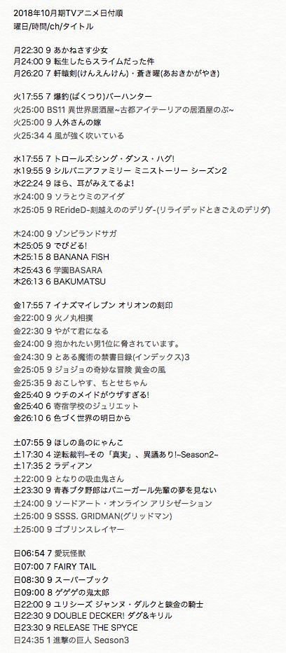 谷口ごー 重力レンズ女子 本日からの東京の18年10月期地上波tvアニメ 曜日ごとの放映メモ 新番組だけ わかってる分だけ 継続放送や再放送含まず 来週からさらに増える可能性あり 金曜日が大変なことになってますね 流石に全部リアルタイムで観ると
