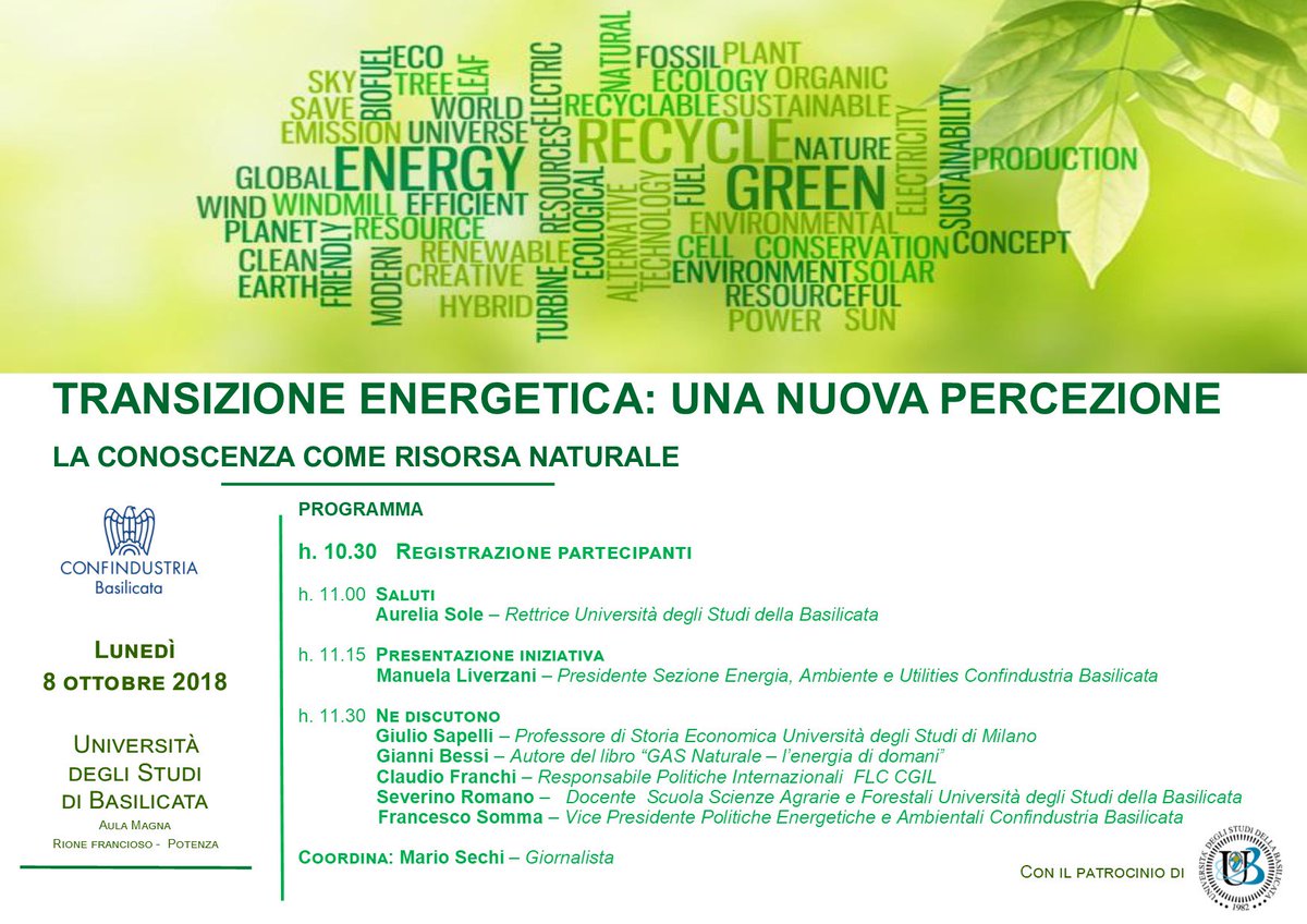 #Transizionenergetica ne parliamo l'8 a #Potenza insieme alla rettrice @UniBasilicata Aurelia Sole, la presidente della sez. #energia Liverzani, il professor @SapelliGiulio, @BessiGianni,  Claudio Franchi @FLCCGIL , il prof Severino Romano e il vicepresidente @francesco_somma