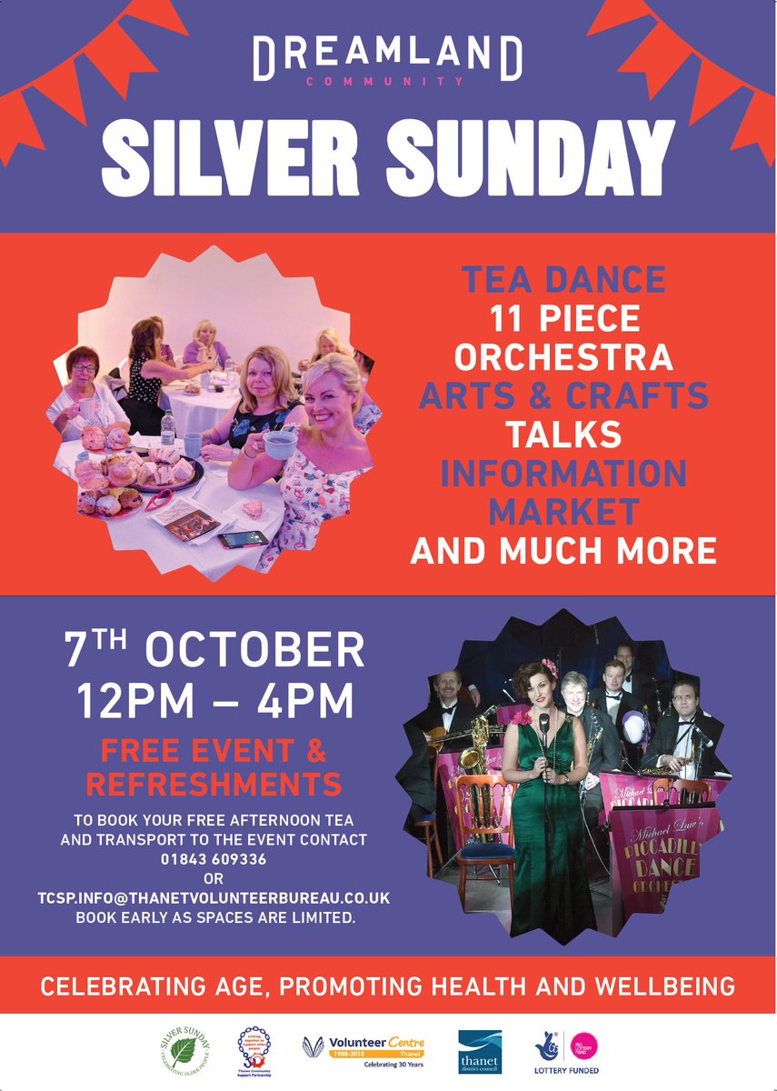 SILVER SUNDAY IS THIS WEEKEND! 
A FREE event to #endloneliness
Please share &amp; bring someone older for a day out to try a range of activities including crafting, IT lessons, vogue chi &amp; more! 
FREE buffet, tea &amp; coffee <a href="/DreamlandMarg/">Dreamland Margate</a> <a href="/KentAdultEd/">Kent Adult Education</a>
#margate #Thanet #besomeonesrock