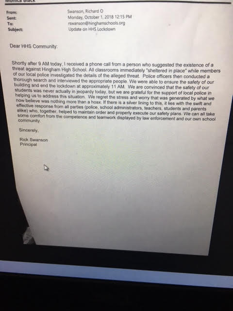 HINGHAM: here's an update on this morning's incident at Hingham High School -- from Principal Rick Swanson.