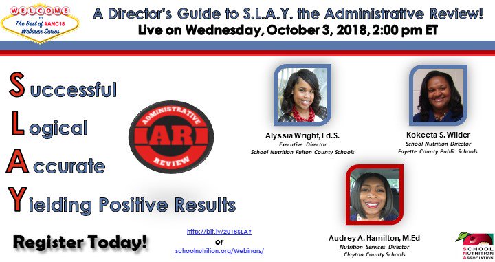 SchoolLunch's tweet photo. Trying to SLAY the Administrative Review? Join #WebinarWednesdays "A Director's Guide to SLAY the Administrative Review!" Hear from the expert panel who created the SLAY method to achieve successful Administrative Reviews & much more! https://t.co/pKsedg8w57 https://t.co/emMdeGk58l