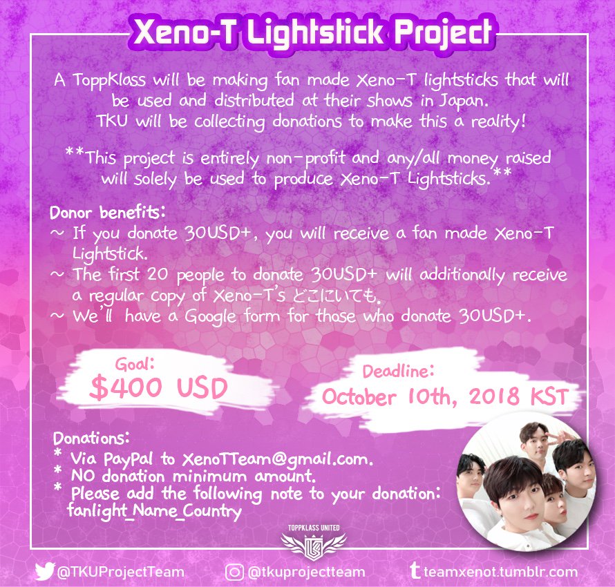 TKUProjectTeam's tweet photo. [PROJECT] We are happy to announce the Xeno-T Lightstick Project! Please show it lots of interest 🙏✨

There is NO donation minimum amount.
Donate here: https://t.co/vWxfEkYTmS

#Xeno_T #XenoT #ジェノティ #제노티 #Hojoon #호준 #Sangdo #상도 #BJoo #비쥬 #Xero #제로 #Sangwon #상원 https://t.co/uMgkI7LjCO