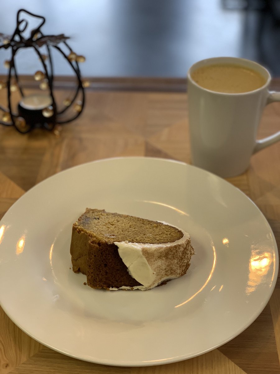 Back for #fall! Our pumpkin bundt cake with cream cheese frosting! Come get a slice with some warm apple cider! 🍂☕️