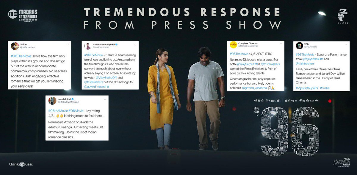 cinemascopetaml's tweet photo. #விஜய்சேதுபதி
#96TheMovie - Tremendous Response from the Press Show!!
#3DaysToGoFor96 #96FromThursday
@VijaySethuOffl @trishtrashers @Premkumar1710
@MadrasEnterpriz @7screenstudio @govind_vasantha @gopiprasannaa @thinkmusicindia @proyuvraaj @UVCommunication https://t.co/FVn8WjiPgg