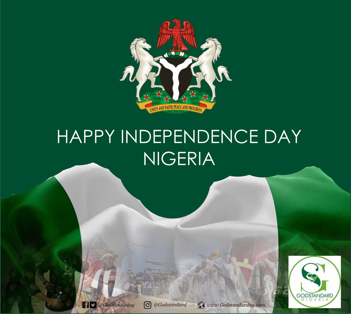 Godstandardng's tweet photo. As we celebrate our independence, let’s continue to create a culture of love 
and live in peace and unity. Happy Independence Day Nigeria. #love #peace #unity #NigerianIndependenceDay #Godstandardng. https://t.co/uYRiAyKkxx