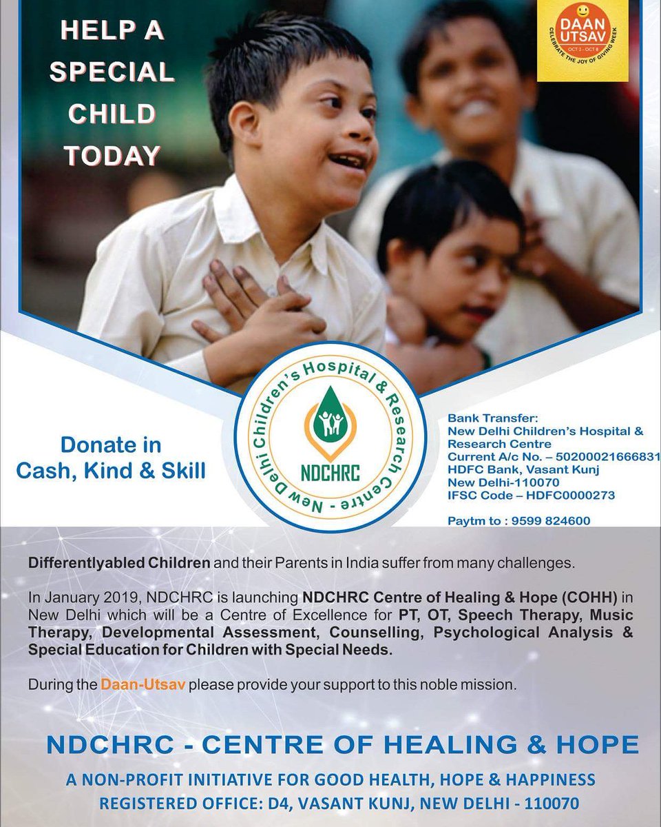 nhnglobal's tweet photo. Together, we can share God’s love by giving every child the chance to reach their full potential — equipping them to attend school, play with others, be included in their communities, and get access to speciali Help &amp; Support. Call on 9599824600. 
#Children #Daanutsav #Donate https://t.co/Vb8FPmfjbO