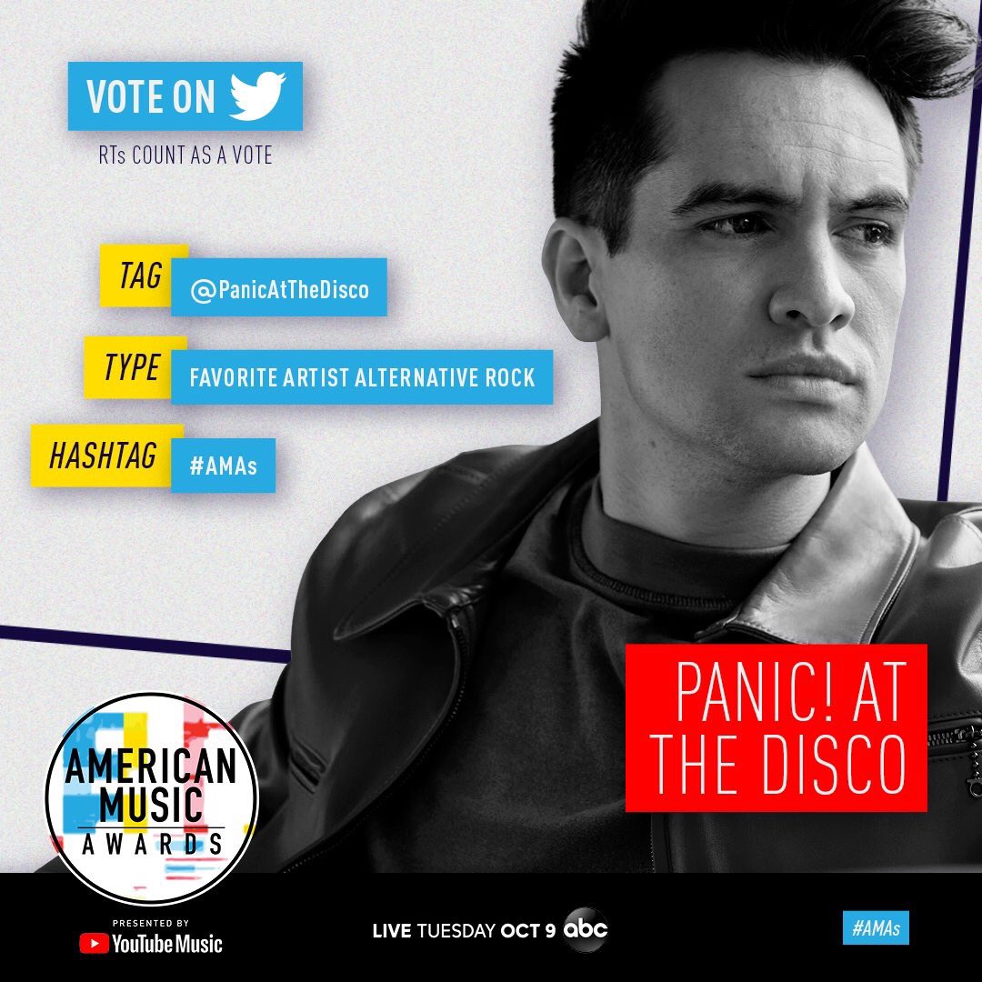 panicupdating's tweet photo. I vote for @PanicAtTheDisco  for Favorite Artist Alternative Rock at the #AMAs⁠ ⁠ 🎉
(RT’ing this counts as a vote too!) https://t.co/COReOXGXk3