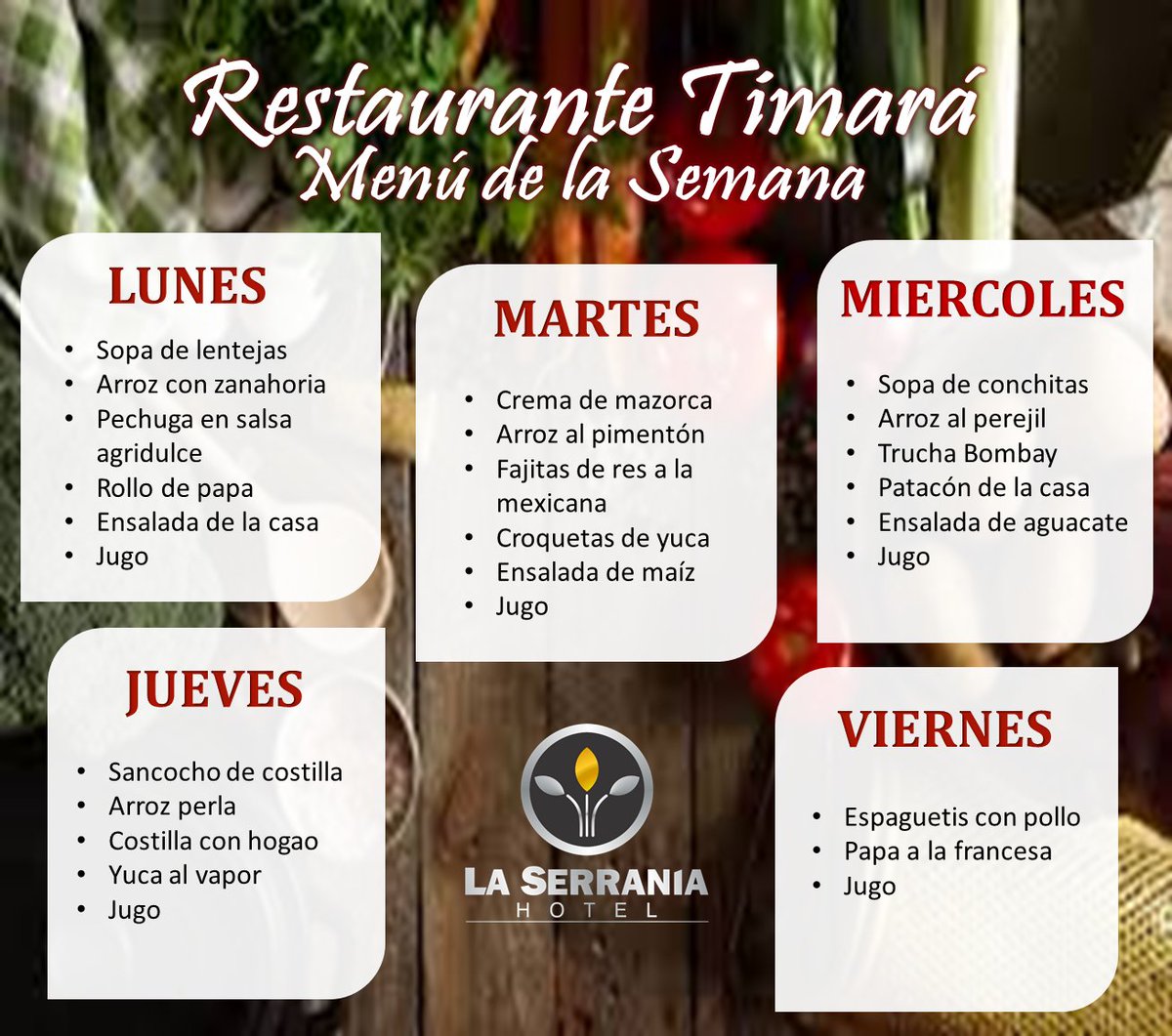 Esta semana no te pierdas la oportunidad de almorzar algo diferente y saludable. Cambia la rutina y deleitate con nuestra variedad de sabores y a un precio único $15.000. 
--
Conoce más de nuestro hotel ingresando a laserraniahotel.com
Tels: 6917535-3102797701
Cll 33 Nº 30-26