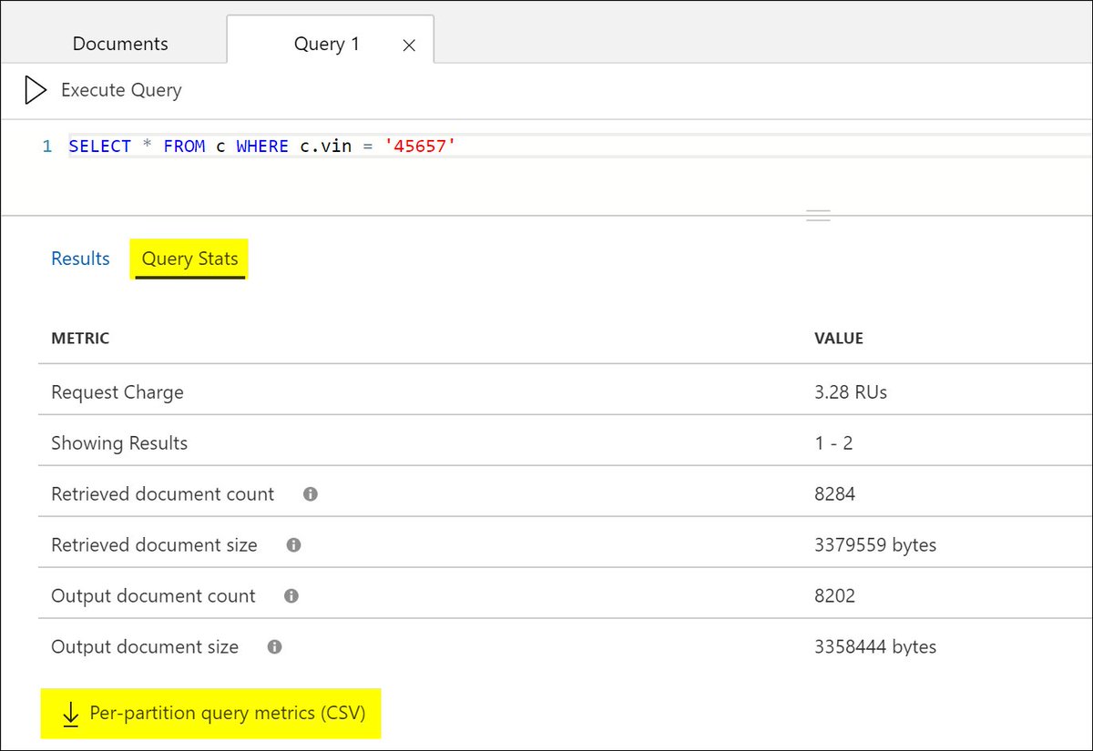 AzureCosmosDB's tweet photo. Cosmos Explorer also supports showing query execution metrics, under the Query Stats tab. You can also download a CSV to view detailed metrics at the partition level. See more here: https://t.co/ZZoufSjUCA | #Azure #CosmosDB #NoSQL #BigData #SQL https://t.co/t7oPVphKM8