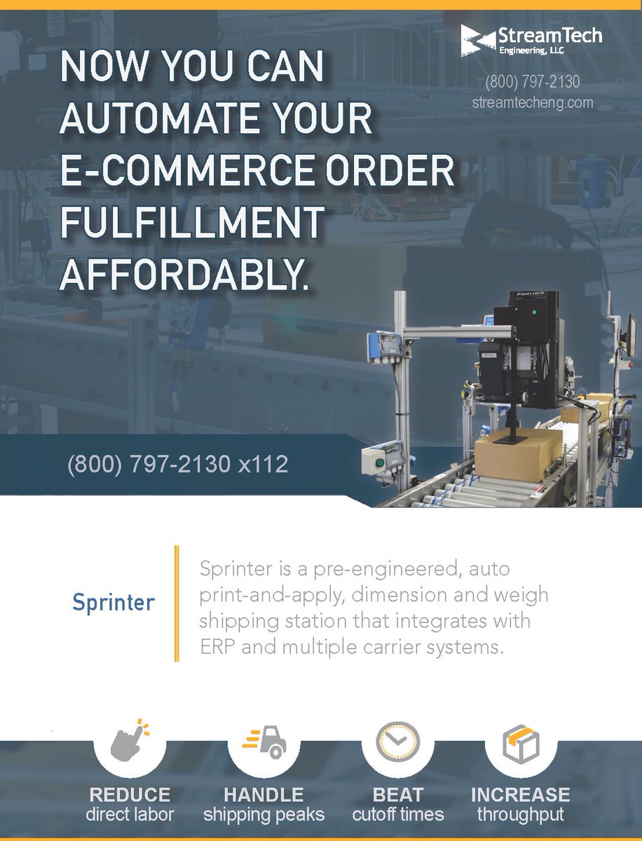 StreamTechEng's tweet image. Check us out @DCVelocity this month! Looking for that missing piece to automate your fulfillment process? StreamTech's plug and play solutions provide a multitude of solutions to fit the needs of any size operation.