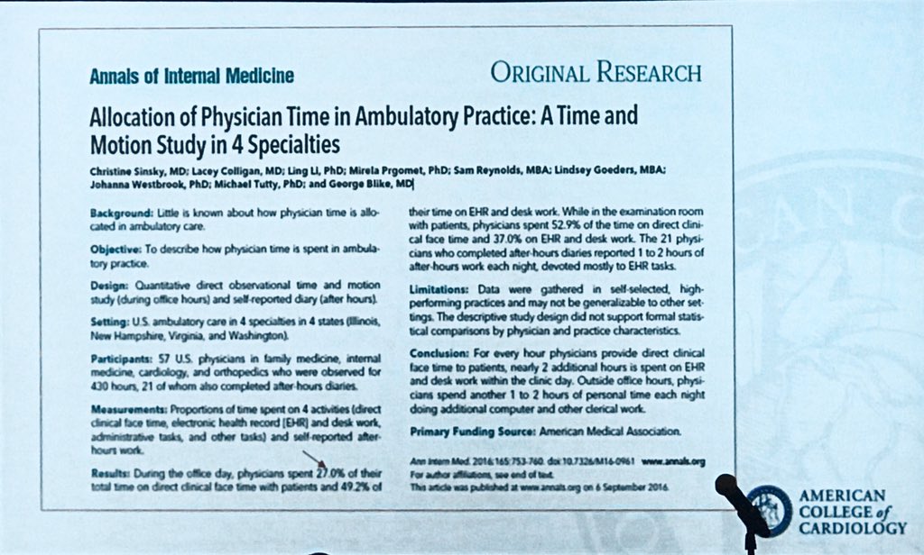 KhandelwalMD's tweet photo. #POTACC @mikevalentineMD: we spend only 1/4 of our office time with our patients. #physicianwellness #quadrupleaim #stopburnout #ACCLegConf @Cardiology https://t.co/W7xfdLVEGA
