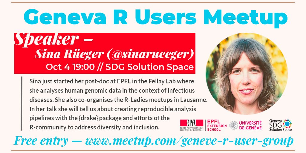 Next Geneva R Meetup is this Thursday (Oct 4)! We are very excited to have <a href="/sinarueeger/">Sina Rüeger</a> as our speaker! R evangelist, <a href="/RLadiesLausanne/">R-Ladies Lausanne</a> co-organizer, this week’s <a href="/WeAreRLadies/">We are R-Ladies</a> curator and much more 🙌  … <a href="/epfl_exts/">EPFL Extension School</a> <a href="/sdgsolspace/">SDG Solution Space</a> meetup.com/Geneve-R-User-…