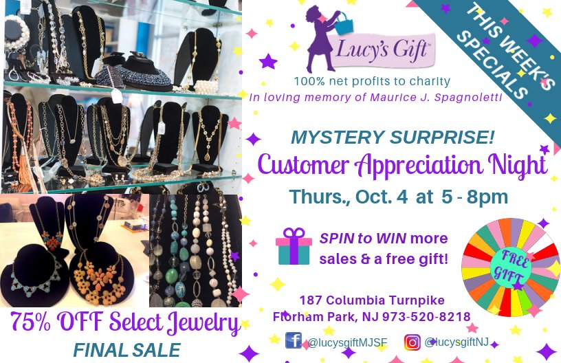 LucysGiftNJ's tweet photo. 75%OFF select jewelry! Customer Appreciation Nite w/MYSTERY SURPRISE Thurs 10/4... Prizes-discounts-treats... We❤️our clients&amp;community! JOIN US 100% net profits to charity🎁💞#lucysgiftmjsf #giftshop #florhampark #morriscountynj #hanovertownship #jewelrysale #spreadthelove https://t.co/NLztww5G5A