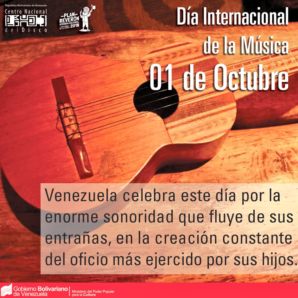 CendisMusica's tweet photo. Nos llenamos de orgullo al celebrar HOY #1Oct el Día Internacional de la Música🎤🎼🎶🎤🎙👏👏

Desde el Centro Nacional del Disco felicitamos a artistas, cultores, creadoras y creadores musicales de nuestra Patria💛💙❤
#JuventudAClases 
@NicolasMaduro 
@VillegasPoljak https://t.co/AffDFUb8Hu
