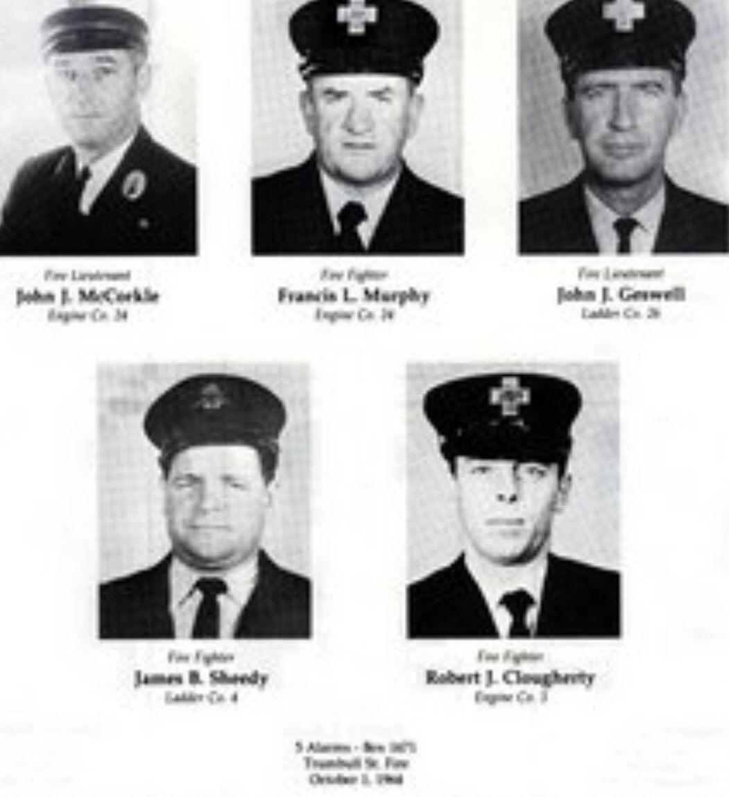 BostonFire's tweet photo. 54 years ago today on Oct. 1, 1964, 5 Boston FF’s were killed when a 5-alarm fire ripped through a vacant building at 34 Trumbull St. in the So. End causing a wall to collapse. 1 civilian was killed. @CityOfBoston @marty_walsh @ChiefJoeFinn @LOCAL_718 @BostonSparks https://t.co/RqGnDBxCnI