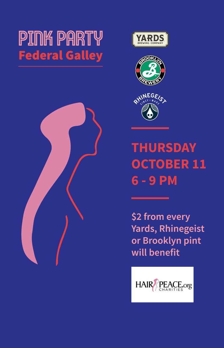 RhinegeistAli's tweet photo. I've teamed up with @BrooklynPGH , @JocDrinksYards &amp; @FederalGalley for a Pink Party! October is #BreastCancerAwarenessMonth so on Thursday Oct 11 we'll be donating $3 per pint sold of @rhinegeist , @BrooklynBrewery &amp; @yardsbrew to @HairPeacePgh! Come drink pink! https://t.co/botuGXWtji