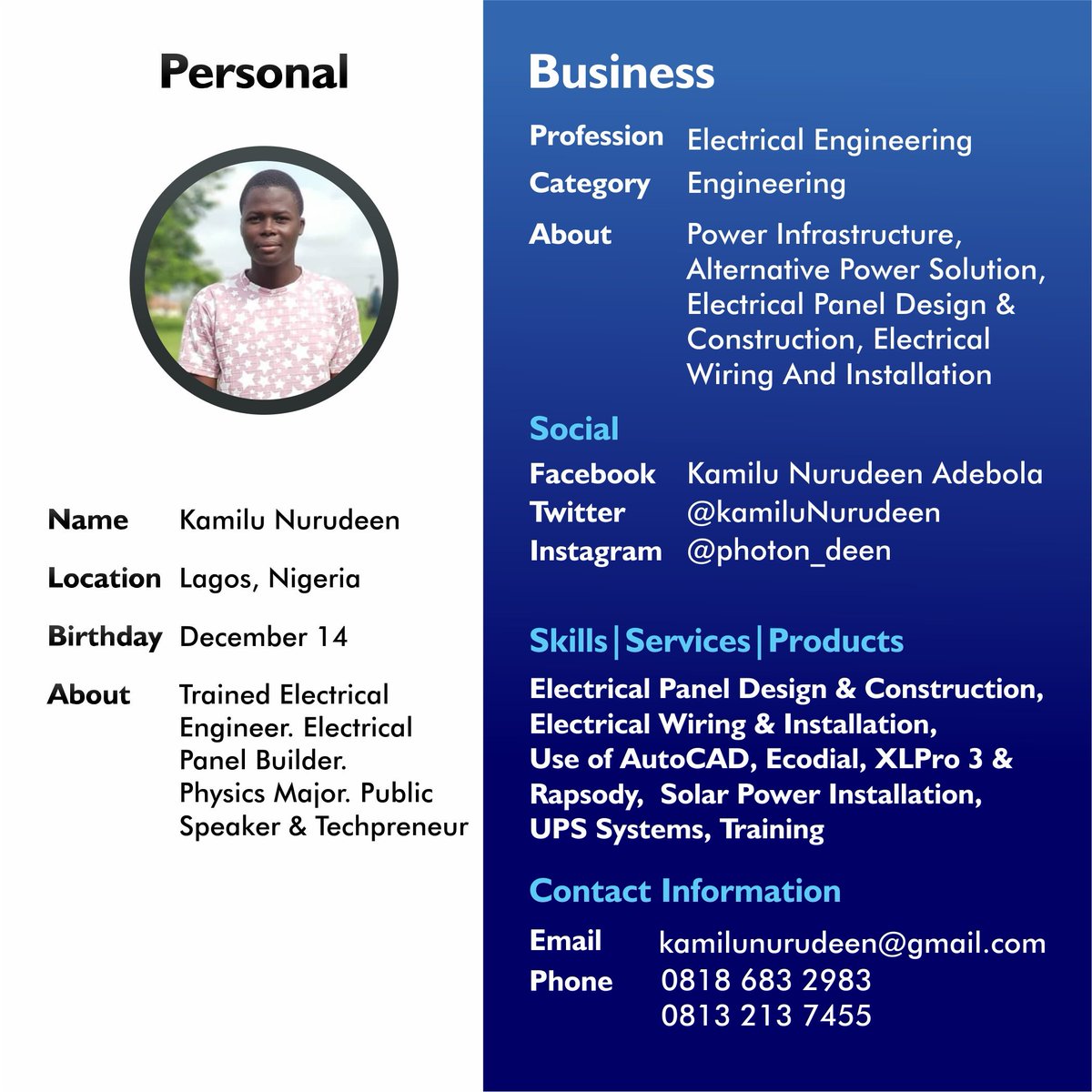 My Profile speaks a lot about me. Dm me now to order for my services 
#entrepreneur #engineering #panelbuilding #solar #electricalworks #Profile #hire #Services4Sale