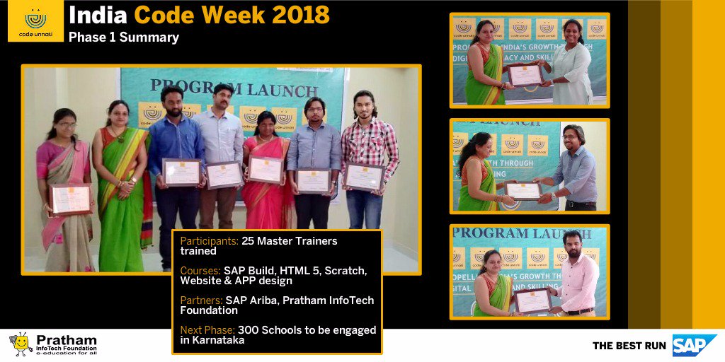 GunjanCPatel's tweet image. #IndiaCodeWeek throwback: ~25 Master Trainers certified in #SAPBuild #Scratch #HTML5 &amp;amp; other advanced coding subjects; #CodeUnnati strives to extend the outreach of #DigitalLiteracy through future Code Week workshops across 300 schools in Karnataka in the next phase. #sap4good