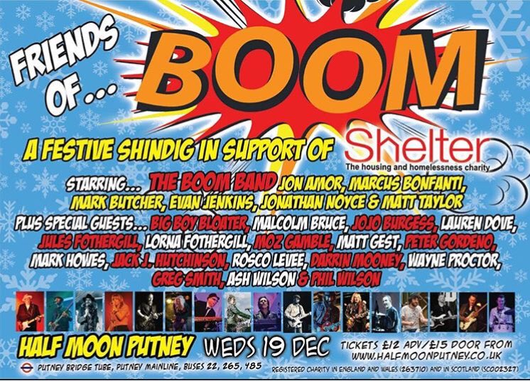 LornaFothergil1's tweet photo. What a line up! Wednesday 19th December. A festive shindig in support of #Shelter Tickets on sale now. £12 in advance. £15 on the door. #TheBoomBand #TheHalfMoonPutney #RoscoLevee #AshWilson #JulesFothergill #MalcomBruce #BigBoyBloater and many more... Coming? X https://t.co/1FJUUmQHsG