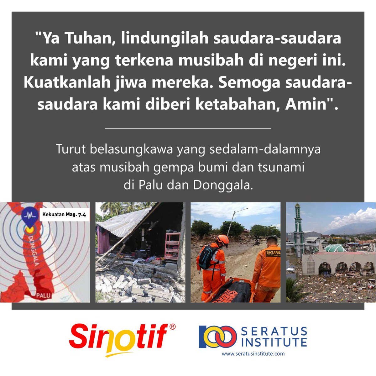 SinotifHI's tweet photo. Turut belasungkawa atas musibah gempa bumi yang terjadi di Palu dan Donggala. Semoga saudara-saudara kita di berikan kekuatan dan ketabahan.
#Sinotif #PALUDONGGALA #PaluTsunami #Strong https://t.co/Dp2yTYsB2z