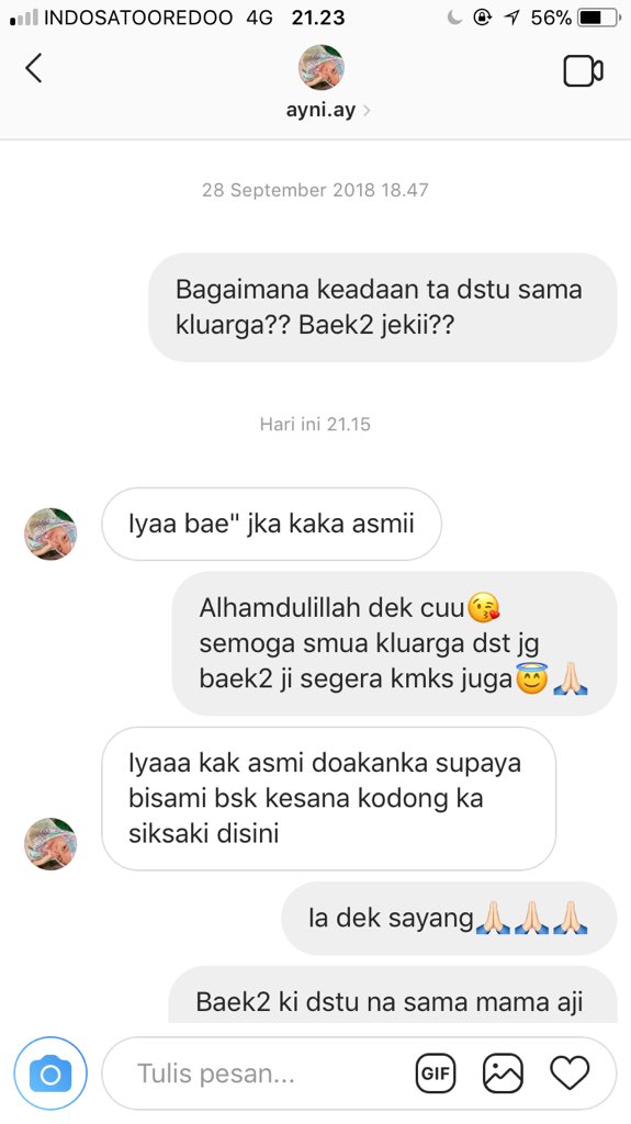 andiasmi12's tweet photo. Akhirnya beberapa hari DM baru di balas sama adik spupet, alhamdulillah keluarga dsana selamat dan sehat semoga segera kembali ke makassar dengan selamat
🙏🏻🙏🏻😇

#PrayforSulteng 
#prayforpaludonggala https://t.co/ba6V1Otd4X