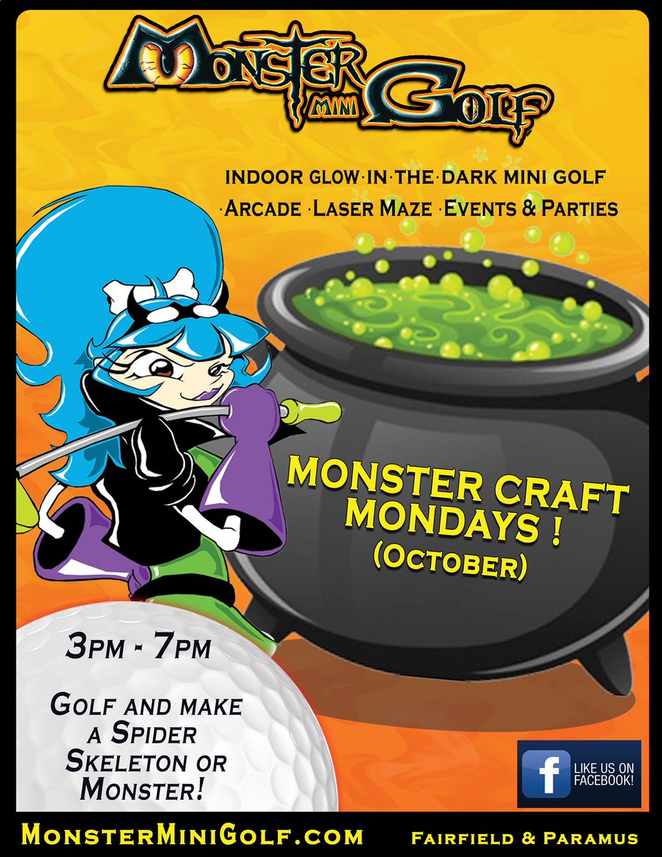 mmgparamus's tweet image. ITS MONDAY! You know what that means? From 3pm-7pm. With any purchase you can make a spider, a skeleton or a monster!! Just ask a crew member how. 
#monsterminigolf #paramus #halloween #monster #spider #skeleton
