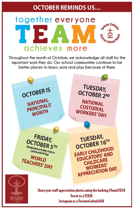 TCDSB's tweet image. October reminds us that Together Everyone Achieves More! We acknowledge all our staff for the important work they do. The TCDSB team is better together and this month we&apos;re celebrating Principals, Custodians, Teachers and ECE &amp;amp; Childcare Workers&apos;. #TeamTCDSB