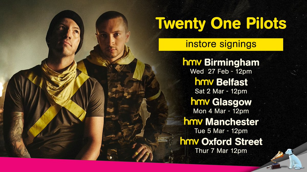 CONFIRMED! @twentyonepilots #TRENCH signings at 5 hmv stores! #hmvLive
More info: hmv.co/Trench
