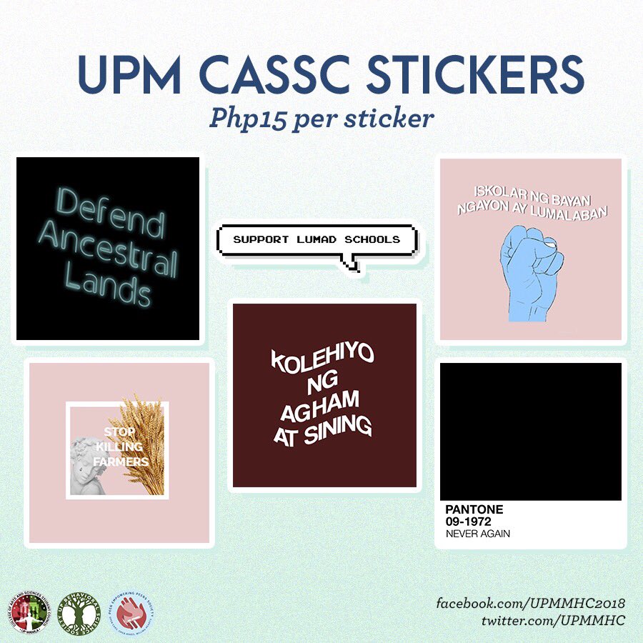 UPMMHC's tweet photo. Hey, Iskos and Iskas!

We're selling stickers for only Php15 each. Take your pick from our Stickers That Care sticker pack from BehSoc and PEPS, and some stickers from the CAS Student Council.

Available at the UPM PEPS AOF booth this week! 

#TunayNaKwento
#PagusapanAngIsipan https://t.co/ufyGpnqwWY