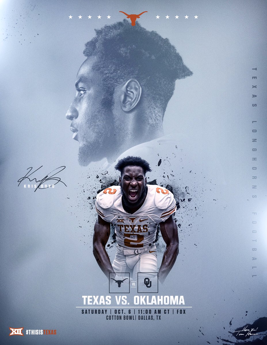 TexasFootball's tweet photo. It's @ATT Red River Showdown week!

🆚 Oklahoma
📍 Dallas, TX (Cotton Bowl)
🕒 11 a.m. CT
📺 @CFBonFOX
💻 https://t.co/iIsC2xnNdP
📻 https://t.co/eMV4gFHbB4
📊 https://t.co/rFLTiorNPZ
🤘 #ThisIsTexas #HookEm https://t.co/YHKlyCXBiU