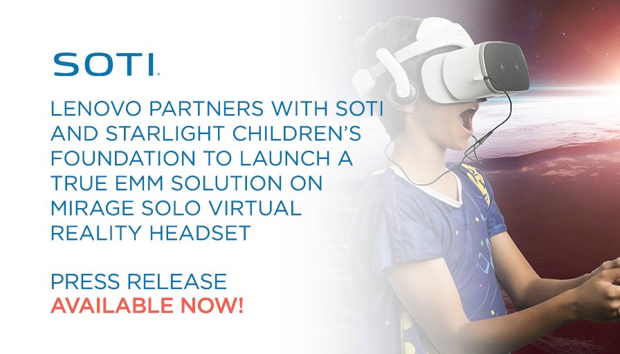 SOTI_Inc's tweet photo. We’ve teamed up with @lenovo to work on the Starlight Children’s Foundation Project &amp; manage the Mirage Solo VR headset – which will transport kids from the hospital to unknown destinations through #virtualreality. More on this partnership: https://t.co/JAN2KfX3S2 #SOTISYNC18 https://t.co/YarhtBnJEe