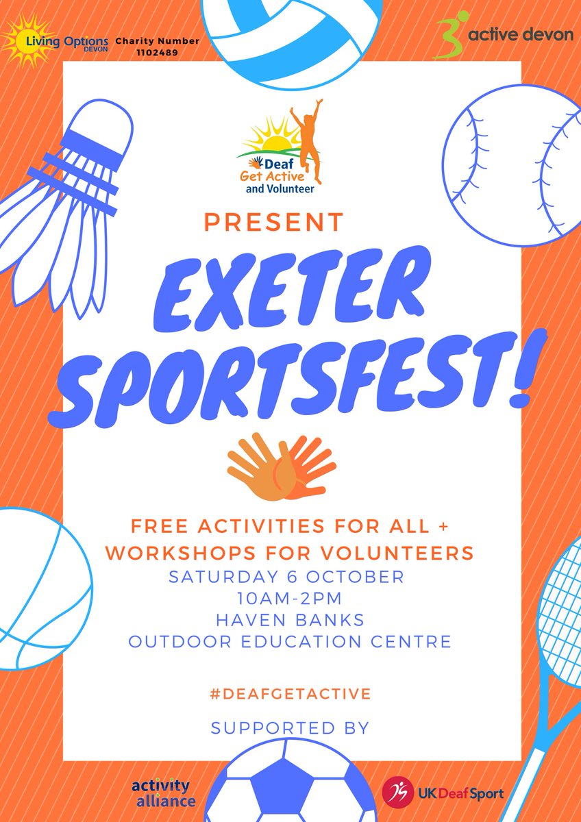 DeafGetActive's tweet photo. Use your #MondayMotivation: get your kit ready for #DeafTakeoverParkrun & #ExeterSportsFest! Find your new favourite activity with #DeafGetActive ๐ช๐ @activedevon @Sport_England @AllForActivity @LivingOptions @DeafAcademy @ActiveExeter https://t.co/33OMhk7dFR
