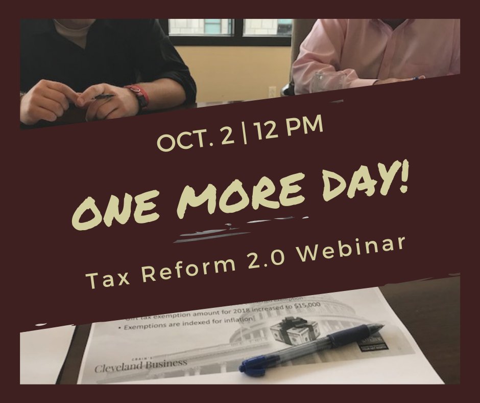 BarnesWendling's tweet photo. 1 MORE DAY! Time is running out to learn more about the TCJA and the affects these changes may have on your business. Listen to our experts explain what to expect for Tax Reform 2.0 here: https://t.co/nvSWQz61rV #TaxReform2.0 #BWebinar #BWisdom https://t.co/qhcqmMDiSw