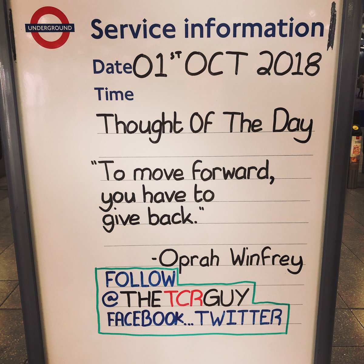 #TheTCRGuy #TCRStation #TubeStation #TubeQuotes #TransportForLondon #TottenhamCourtRoad #TottenhamCourtRoadStation #TubeLife #LondonUnderground #Underground #NorthernLine #CentralLine #ThoughtOfTheDay #Thought #WeekDay #Monday #MoveForward #GiveBack #Oprah #OprahWinfrey <a href="/Oprah/">Oprah Winfrey</a>