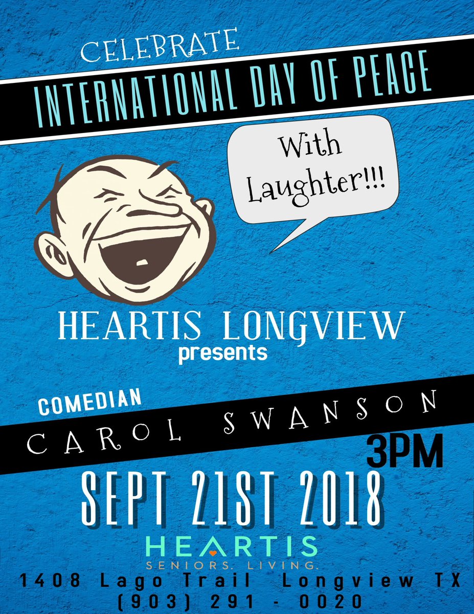 HeartisLongview's tweet photo. Laughter really is good for mind, body, and soul. What better way to celebrate The International @PeaceDay than for Comedian Carol Swanson to lend her comedic talents to entertain our Heartis family? If laughter is the best medicine, we surely received a double dose! #SeniorFun https://t.co/uaZR1o42DO