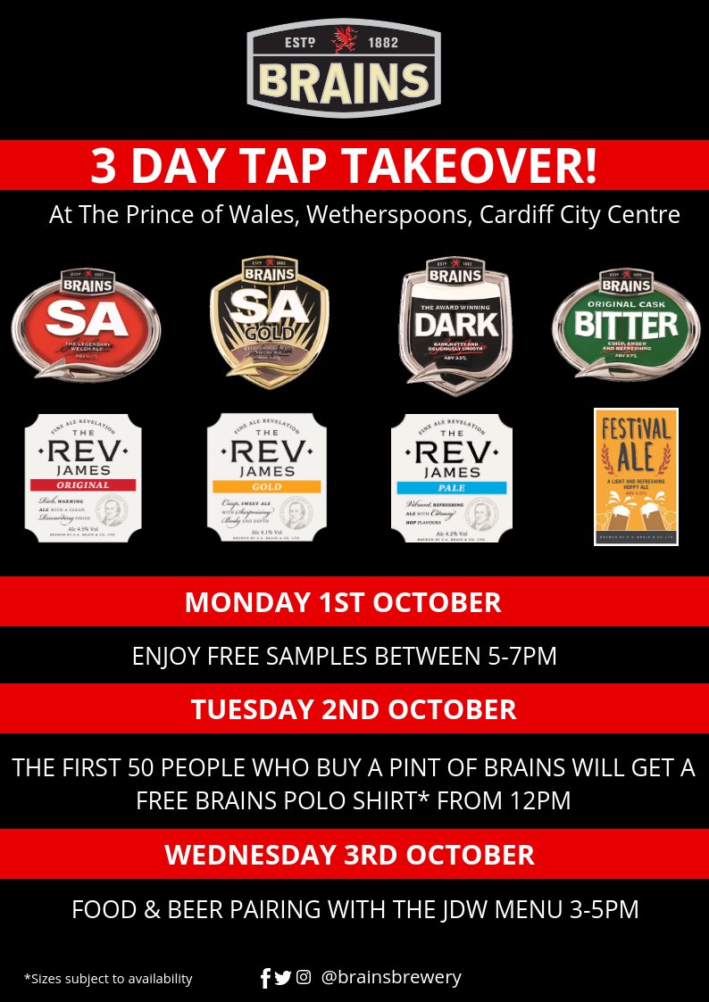 We are having a 3 day tap takeover at the Prince of Wales, Wetherspoons in Cardiff this week! Check out each of our days below with FREE giveaways!