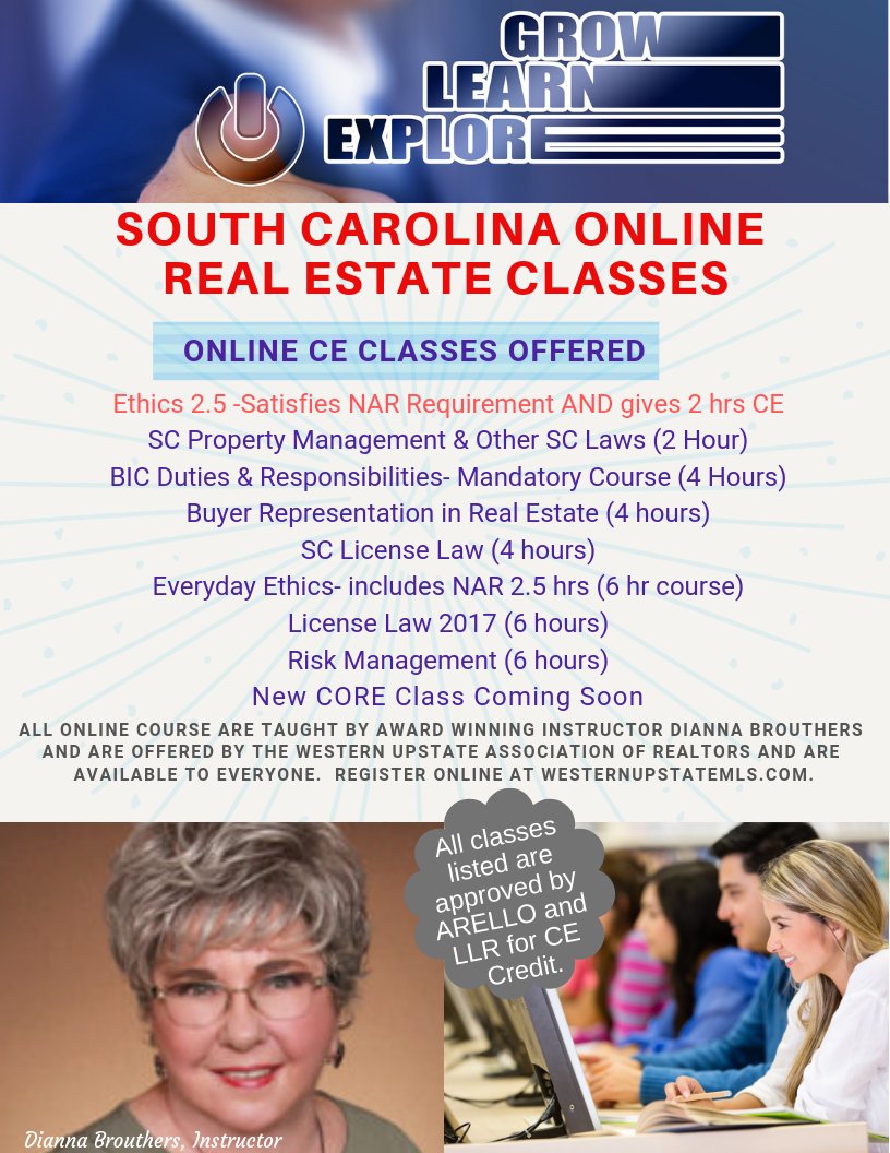 WUAREALTORS's tweet photo. Need CE and/or your Code of Ethics Requirement? The Western Upstate Association is proud to offer these ONLINE CE Courses taught by Dianna Brouthers! Anyone can sign up to take these courses! #wuar #onlinece #onlineclasses #southcarolinarealestateclass #realestateclass #education https://t.co/ysdqaBkqHC
