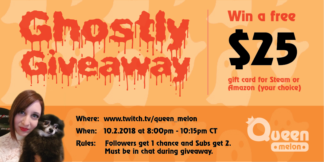 The_Queen_Melon's tweet photo. Kicking off #October with a #giveaway. I am playing #theconjuringhouse #horrorgame and very #scared to do so. Drop a follow for 1 chance or subscribe for 2 chances to win! (10.2.2018 - 8pm ct)

https://t.co/J45Ud9Wrk7

#twitchaffiliate #twitch #SupportSmallStreamers #twitchgs https://t.co/ZYLPME0HX2